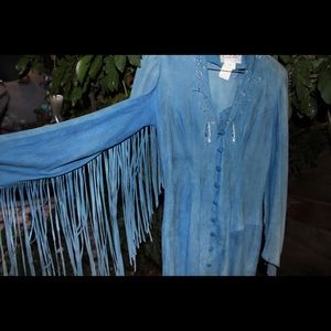 Unique Blue Suede Beaded Dress with Fringe!